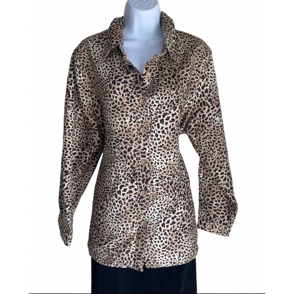 Studio Works Womens Plus Size 1X Lined Cheetah Animal Button Up Blouse Soft Work